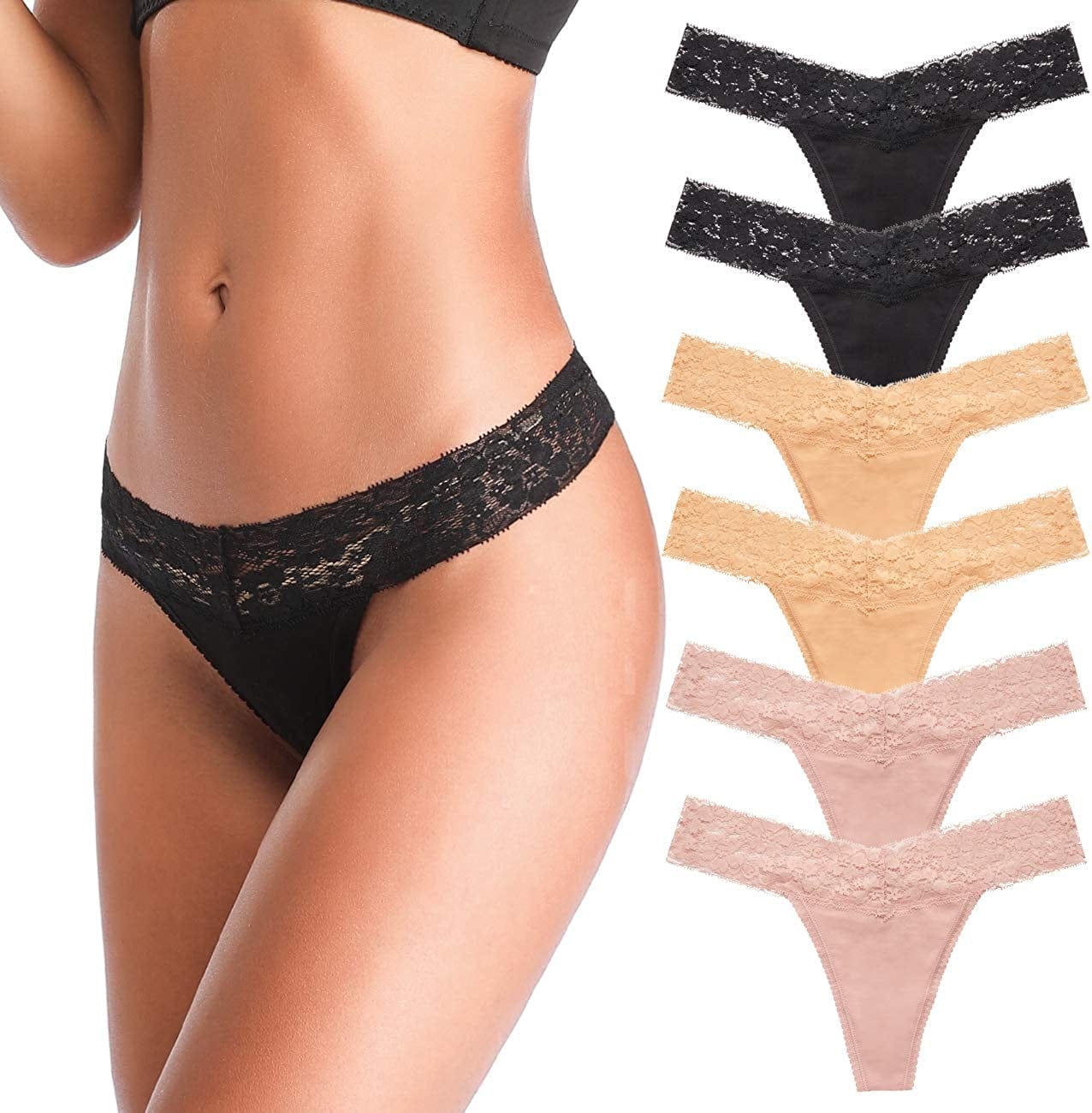 ANNYISON Women'S Thongs, T Back Low Waist See through Panties Cotton Seamless Lace Thongs for Women Multicoloured E - 6 Pack / XX-Large