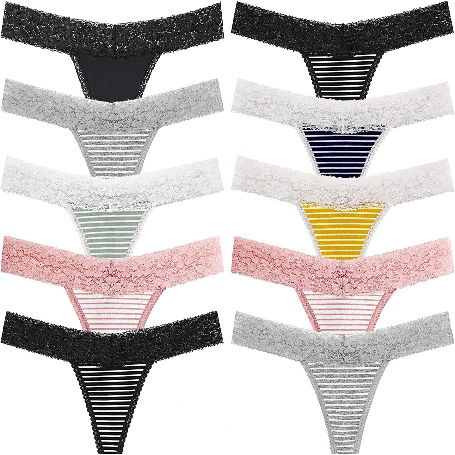 ANNYISON Women'S Thongs, T Back Low Waist See through Panties Cotton Seamless Lace Thongs for Women Multicoloured G - 10 Pack / Medium