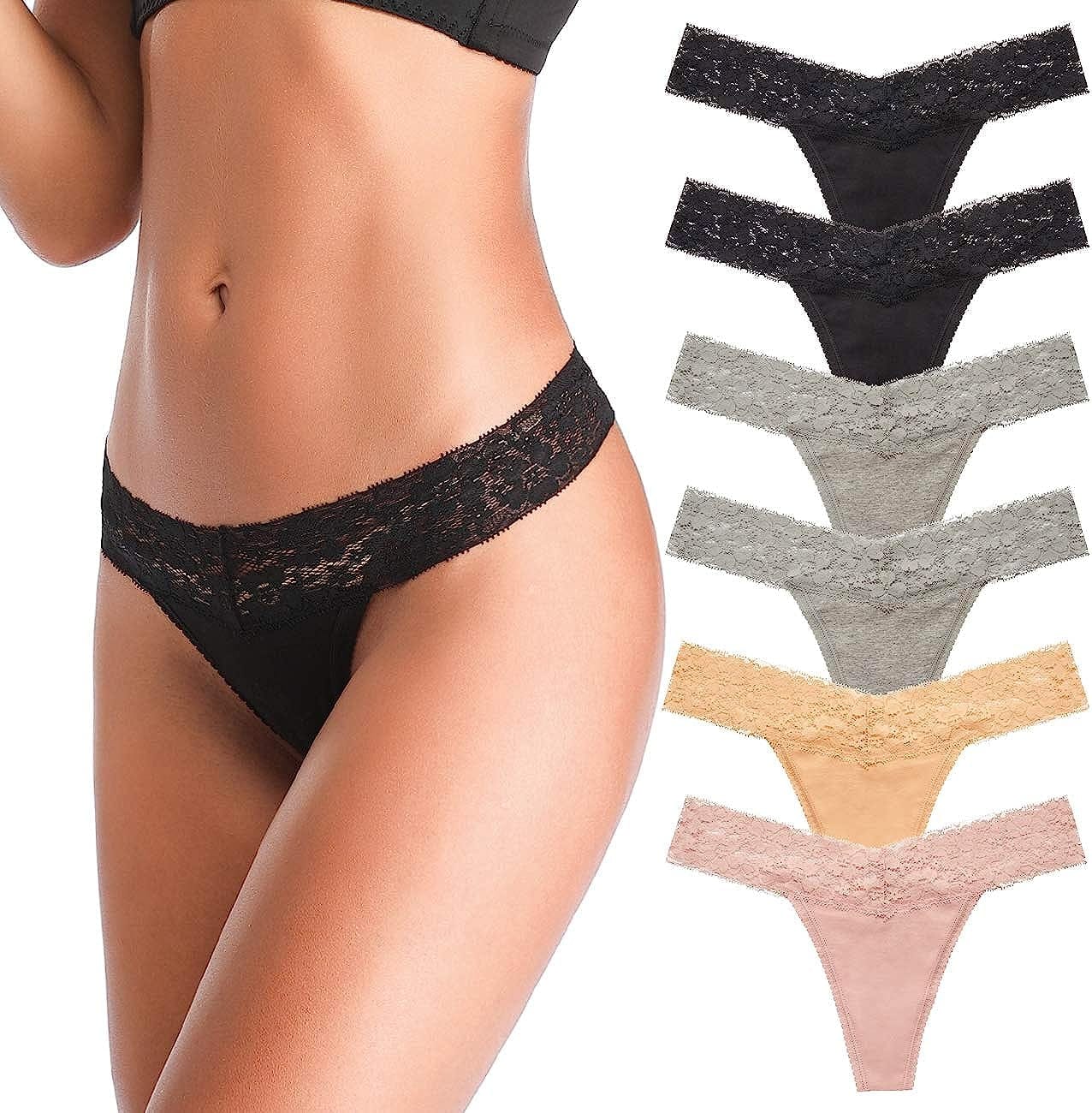 ANNYISON Women'S Thongs, T Back Low Waist See through Panties Cotton Seamless Lace Thongs for Women Multicoloured a - 6 Pack / Medium