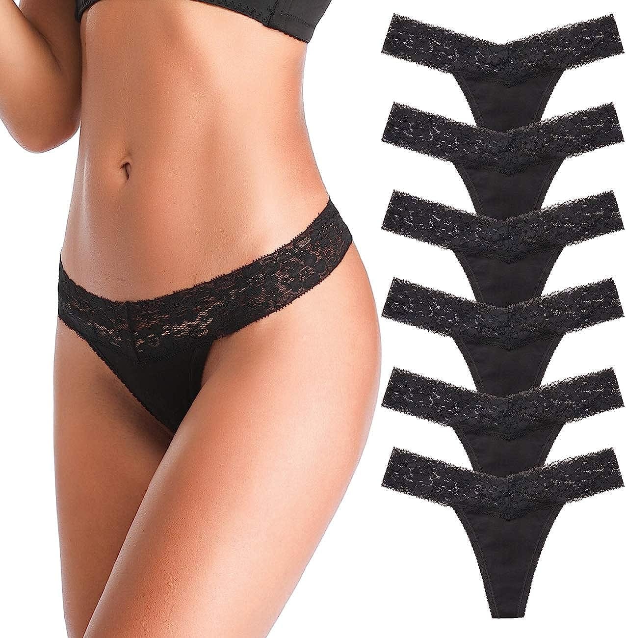 ANNYISON Women'S Thongs, T Back Low Waist See through Panties Cotton Seamless Lace Thongs for Women Black - 6 Pack / Large
