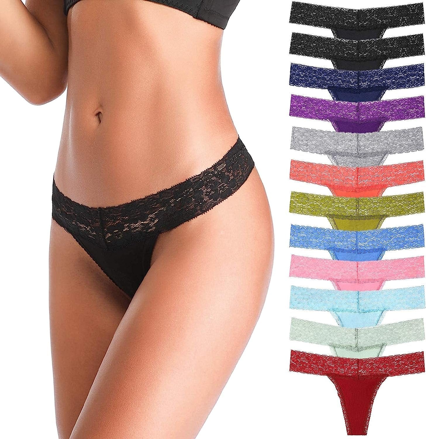 ANNYISON Women'S Thongs, T Back Low Waist See through Panties Cotton Seamless Lace Thongs for Women Multicoloured F - 12 Pack / Medium