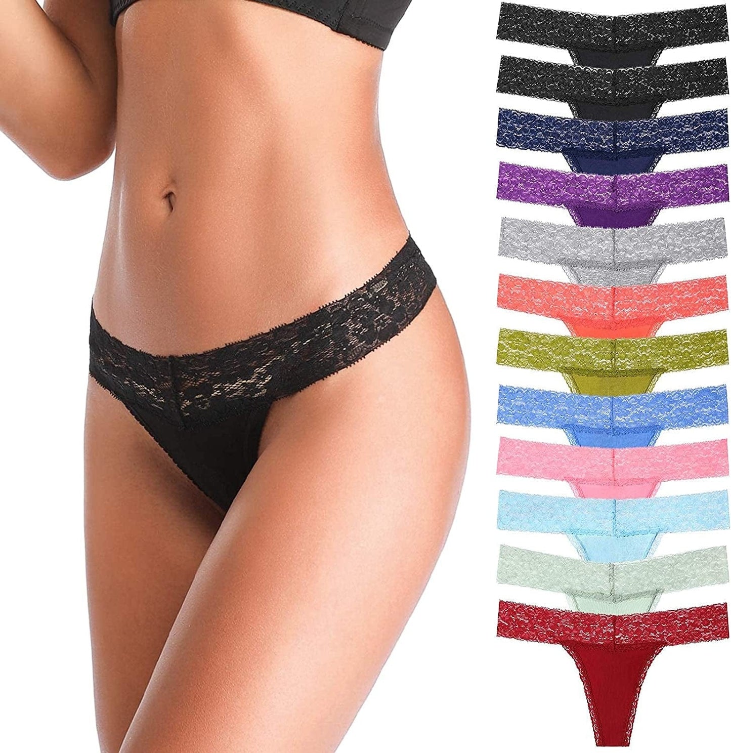 ANNYISON Women'S Thongs, T Back Low Waist See through Panties Cotton Seamless Lace Thongs for Women Multicoloured F - 12 Pack / X-Small