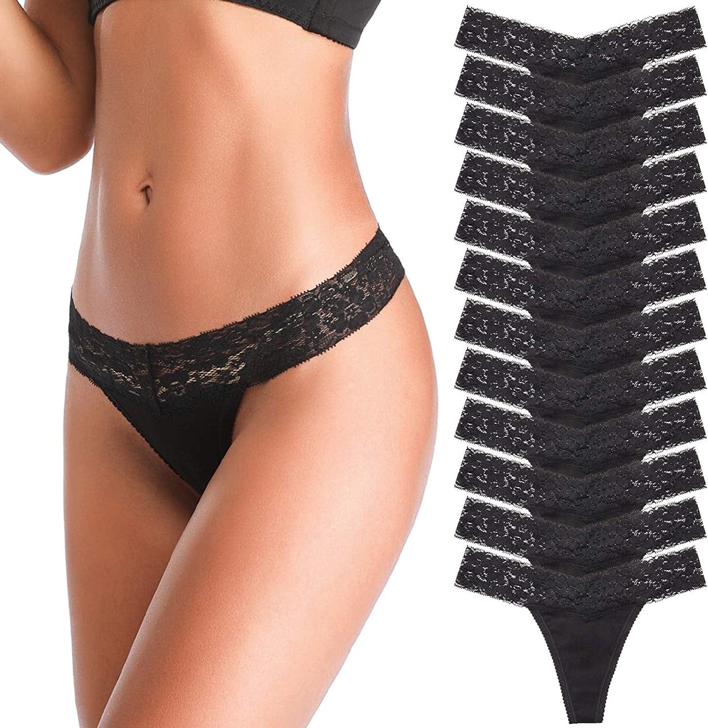 ANNYISON Women'S Thongs, T Back Low Waist See through Panties Cotton Seamless Lace Thongs for Women Black a - 12 Pack / XX-Large