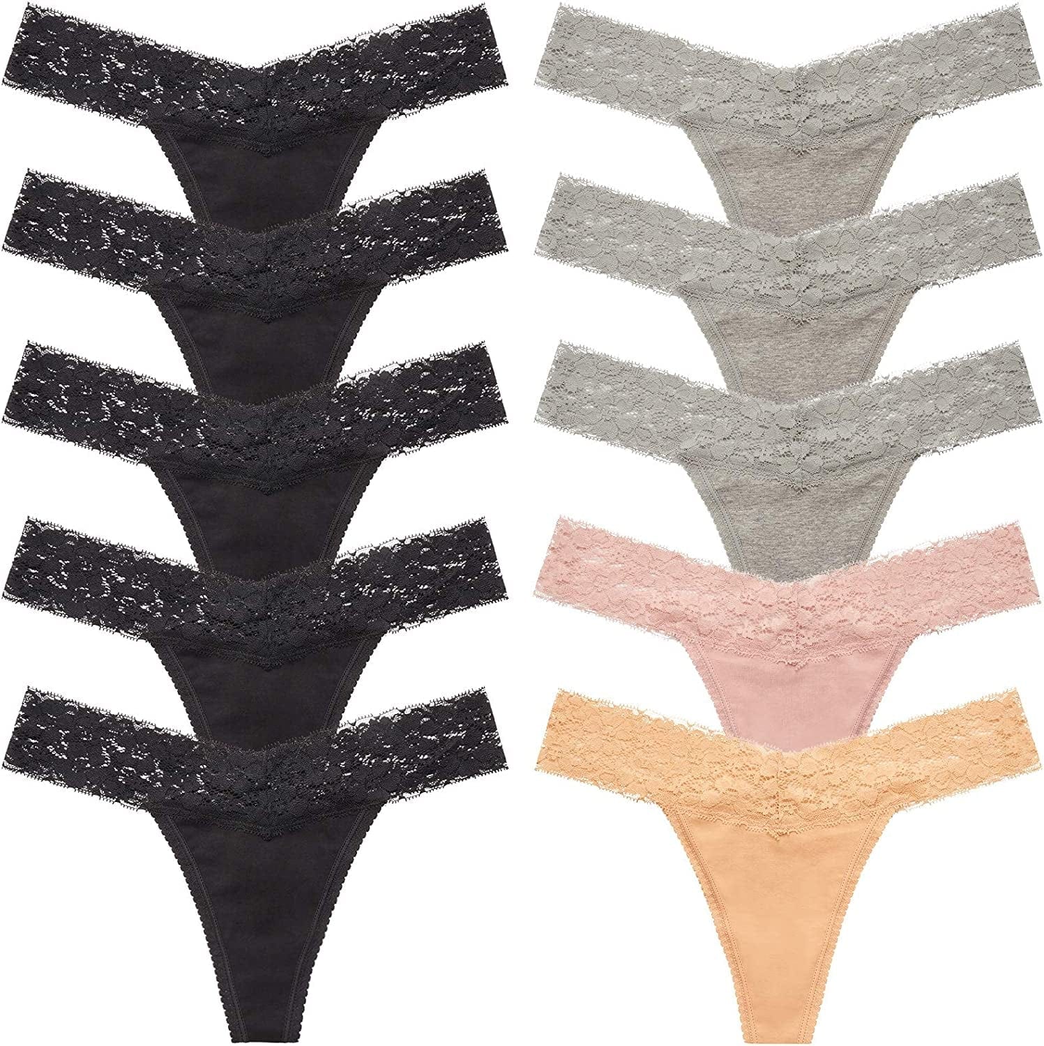 ANNYISON Women'S Thongs, T Back Low Waist See through Panties Cotton Seamless Lace Thongs for Women Multicoloured L - 10 Pack / X-Small