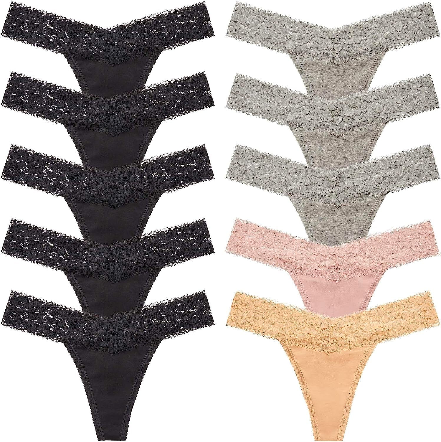 ANNYISON Women'S Thongs, T Back Low Waist See through Panties Cotton Seamless Lace Thongs for Women Multicoloured L - 10 Pack / Medium