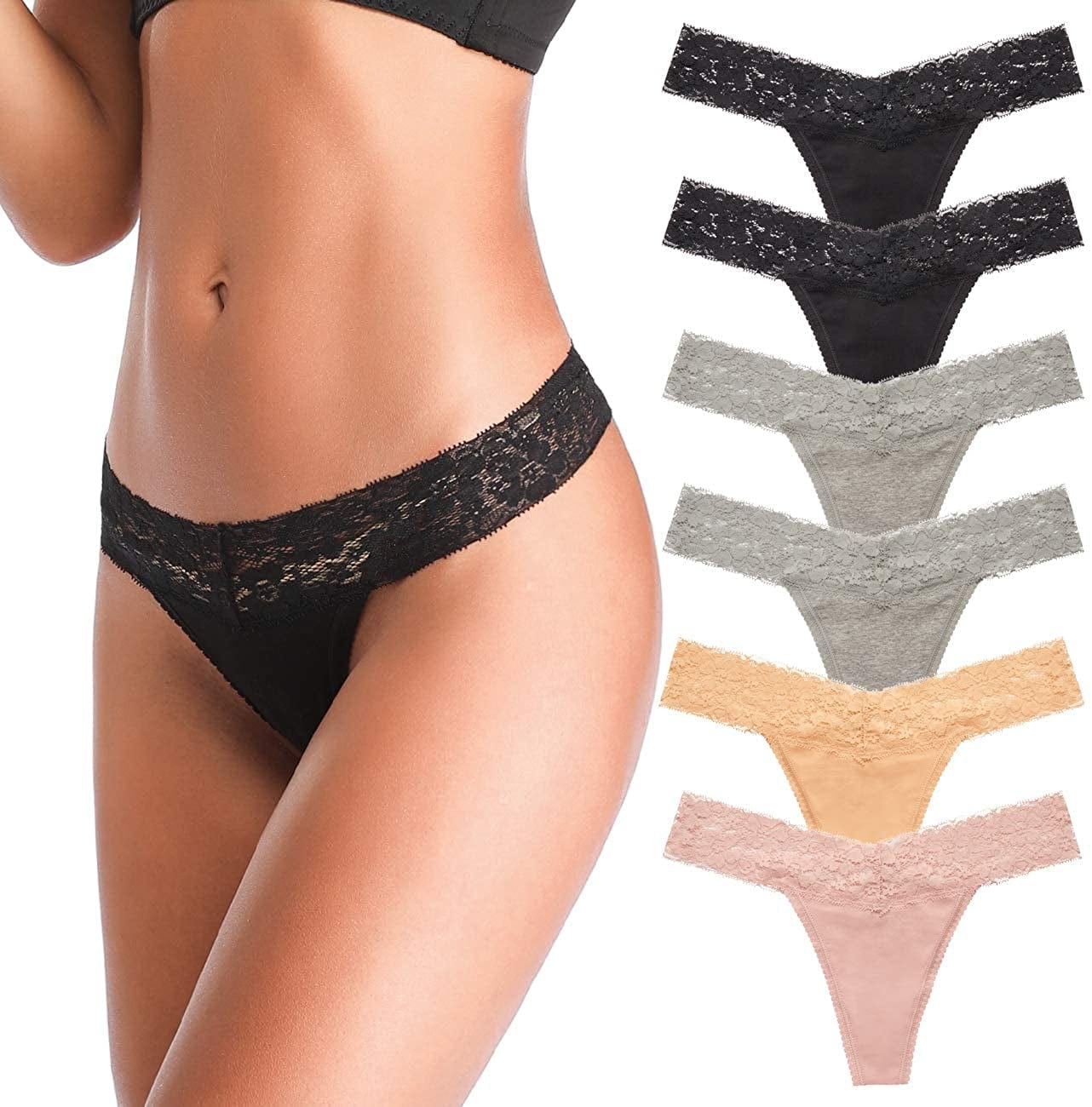 ANNYISON Women'S Thongs, T Back Low Waist See through Panties Cotton Seamless Lace Thongs for Women Multicoloured a - 6 Pack / XX-Large