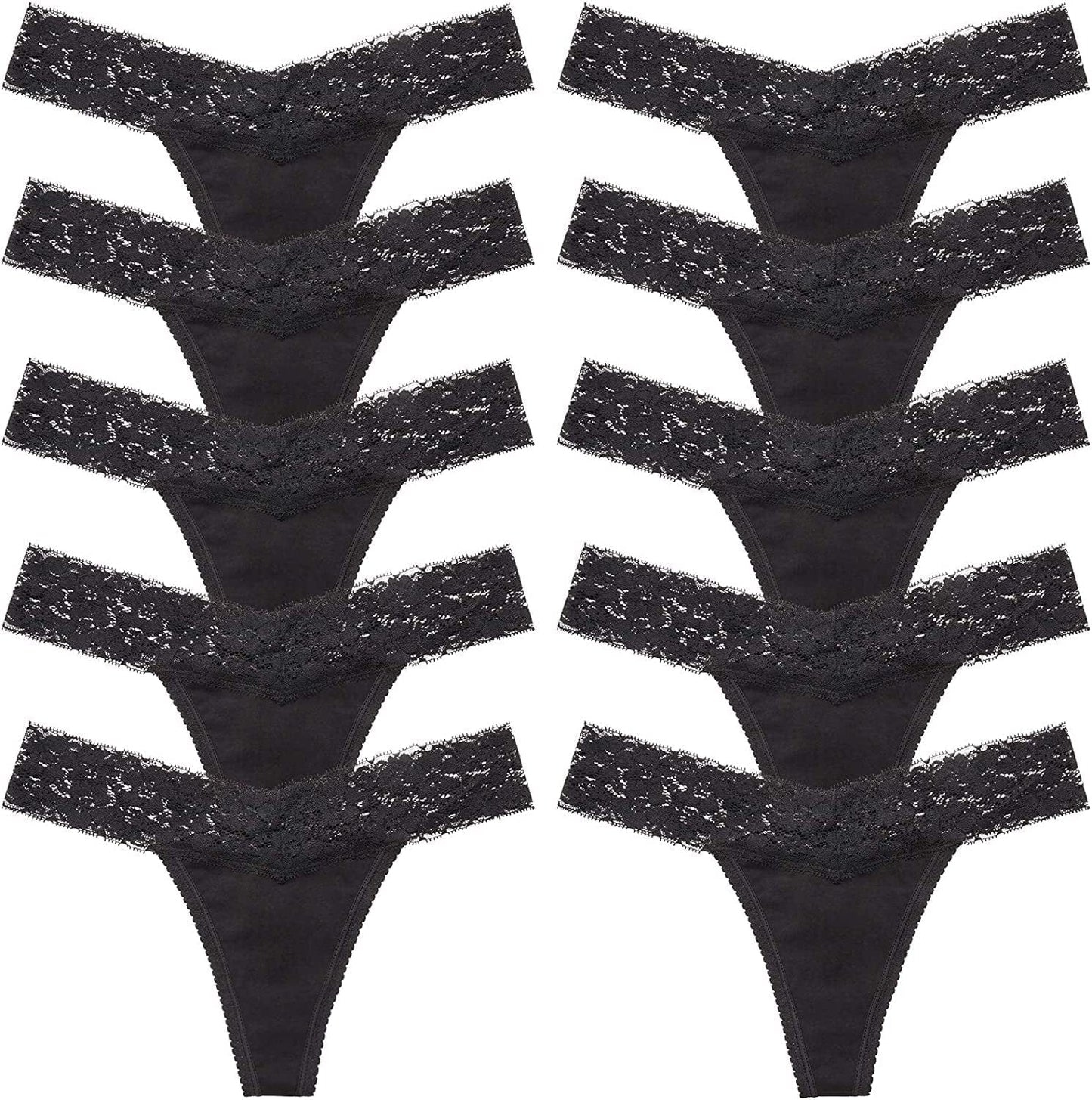ANNYISON Women'S Thongs, T Back Low Waist See through Panties Cotton Seamless Lace Thongs for Women Black- 10 Pack / X-Small