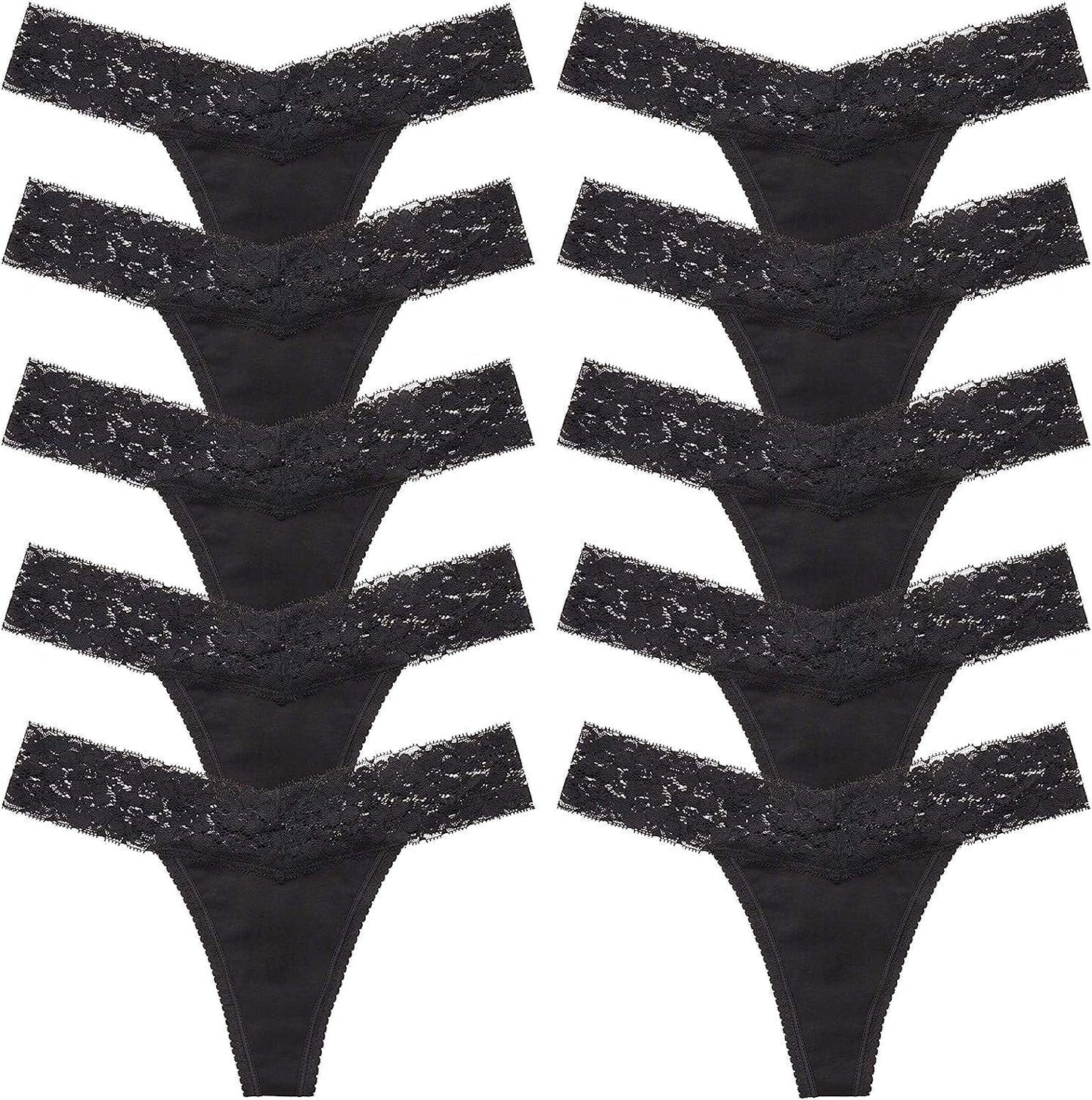 ANNYISON Women'S Thongs, T Back Low Waist See through Panties Cotton Seamless Lace Thongs for Women Black- 10 Pack / Medium