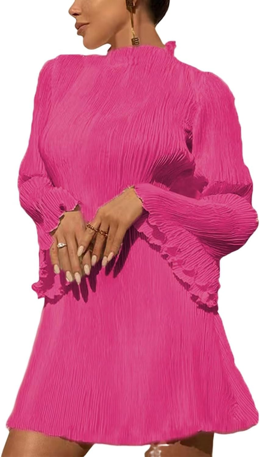 Annystore Women'S Bell Long Sleeve Pleated Mini Dress Casual Mock Neck Ruffle A-Line Short Dresses Cocktail Party Clubwear Rose Red / Small