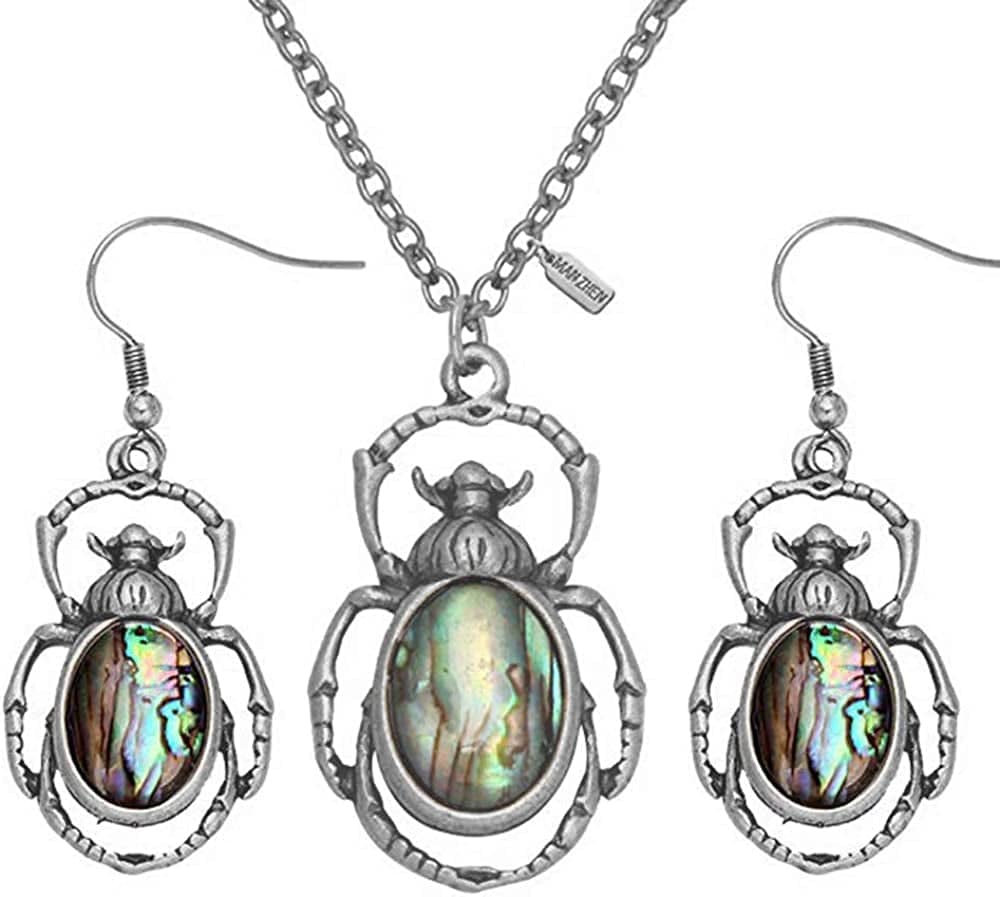 Antique Bronze Abalone Shell Bug Wildlife Necklace Scarab Earring Woodland Animal Jewelry Set Antique silver-set