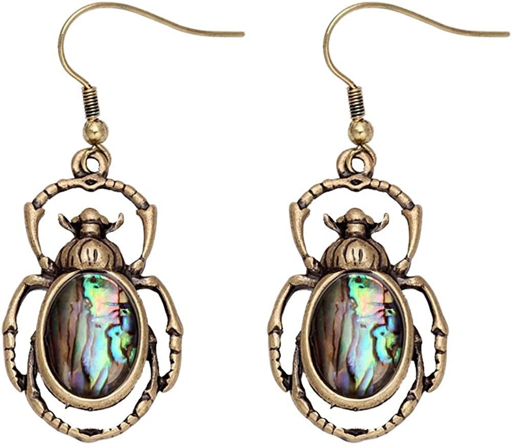 Antique Bronze Abalone Shell Bug Wildlife Necklace Scarab Earring Woodland Animal Jewelry Set Earrings