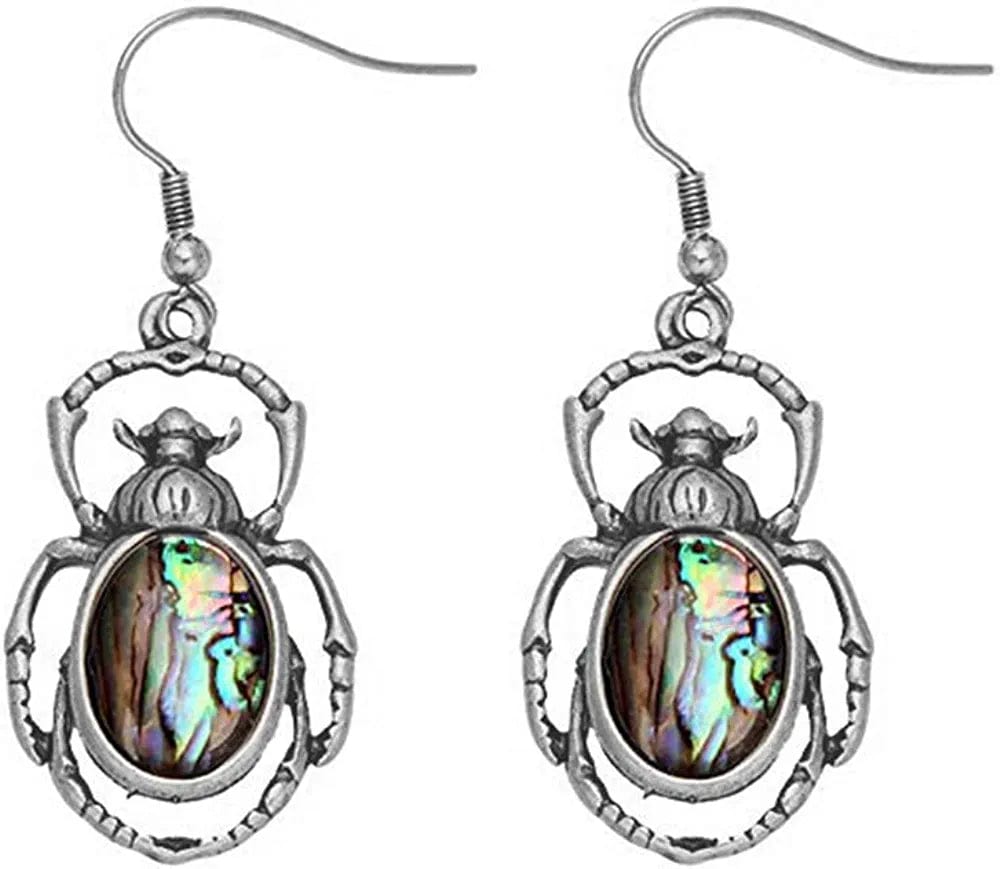 Antique Bronze Abalone Shell Bug Wildlife Necklace Scarab Earring Woodland Animal Jewelry Set Antique silver-earrings