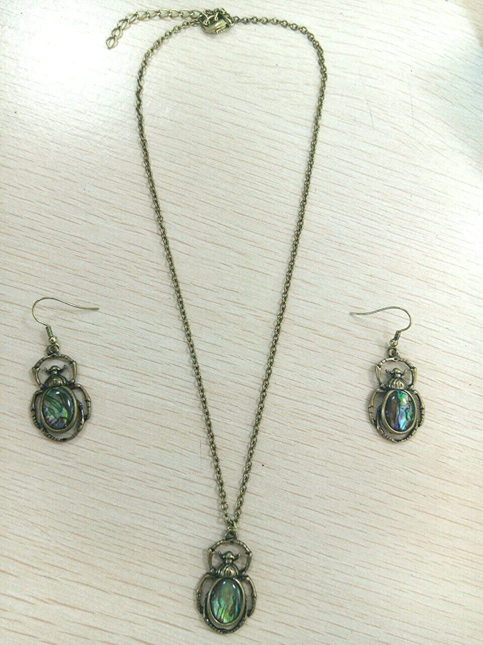 Antique Bronze Abalone Shell Bug Wildlife Necklace Scarab Earring Woodland Animal Jewelry Set