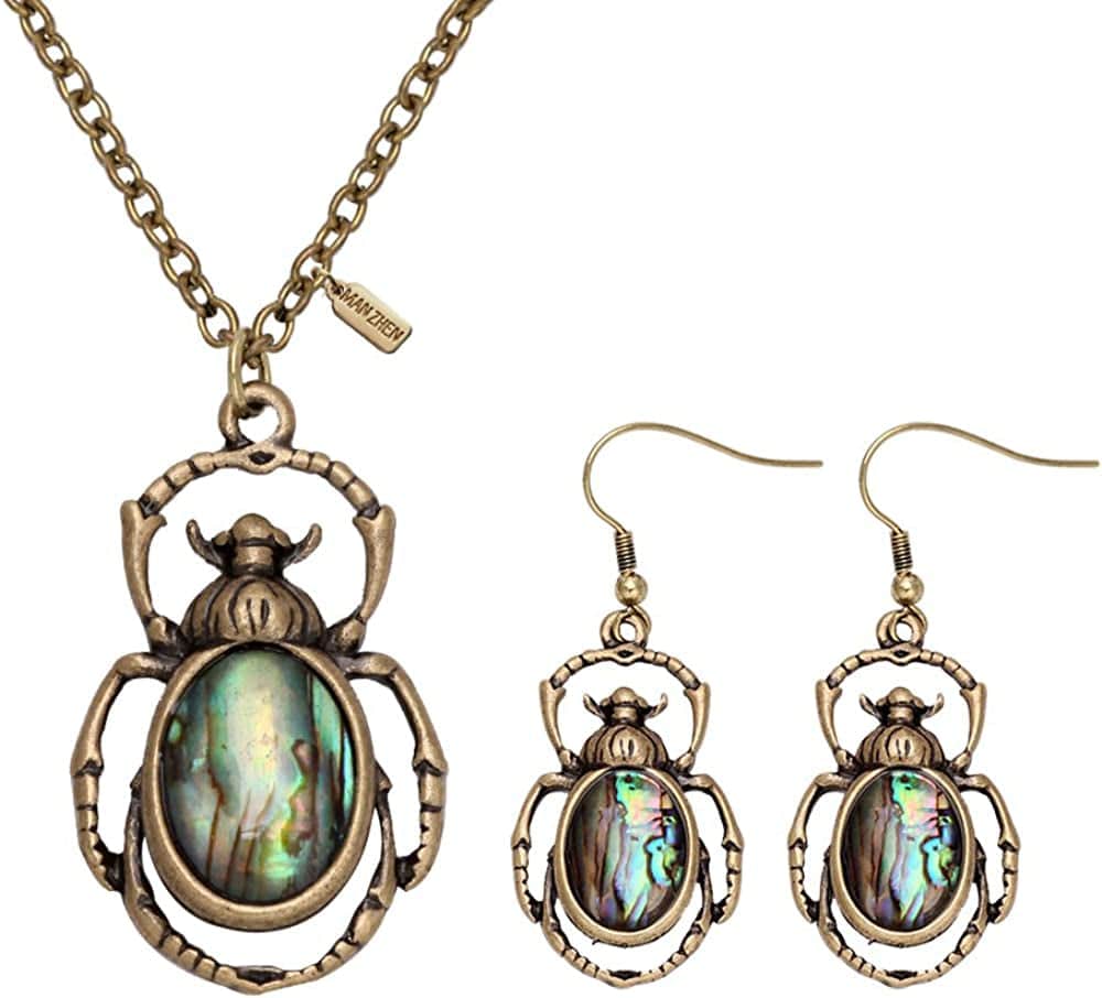 Antique Bronze Abalone Shell Bug Wildlife Necklace Scarab Earring Woodland Animal Jewelry Set Set