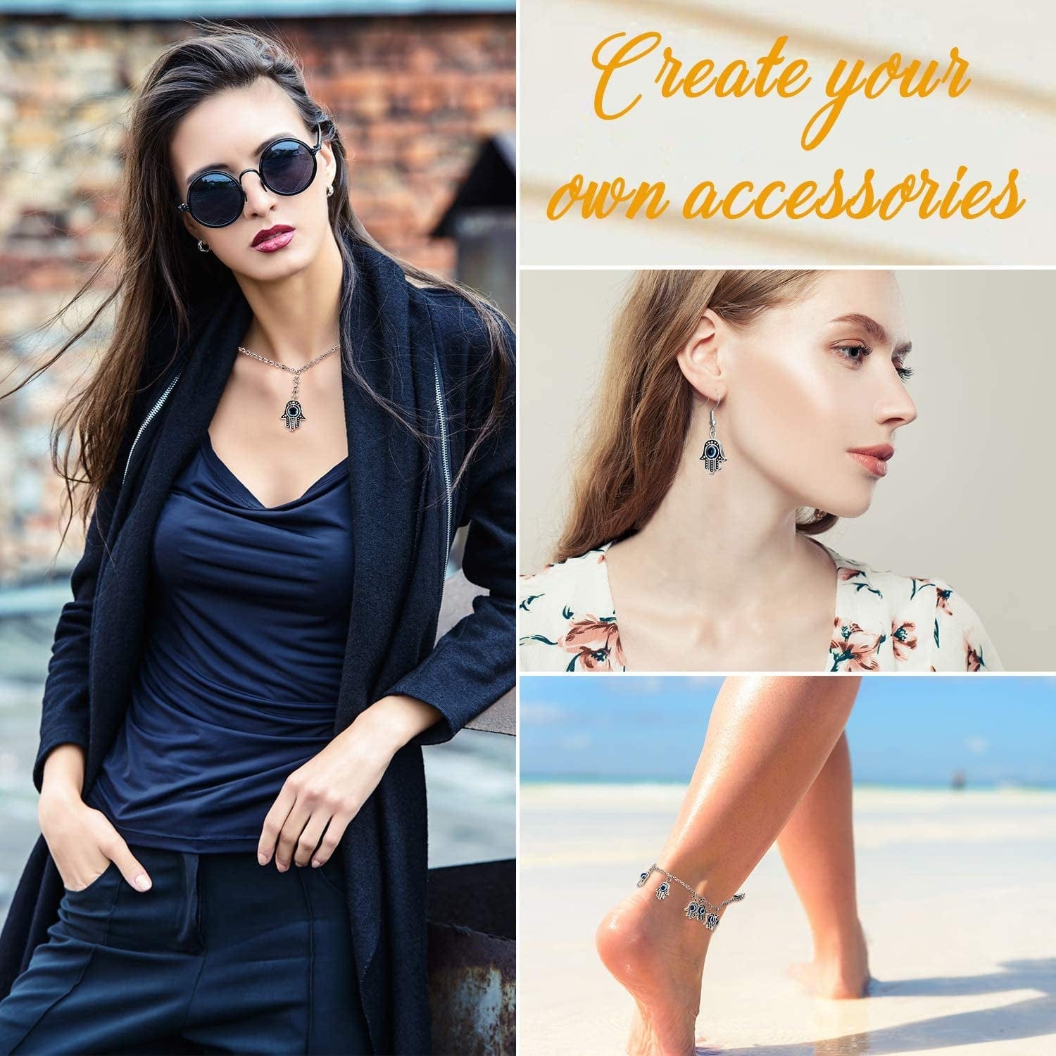 Antique Silver Hamsa Evil Eye Charms of Fatima Symbol Hand Beads Charms Pendant for Jewelry Making Findings DIY Necklace Bracelet Earring (80) 80