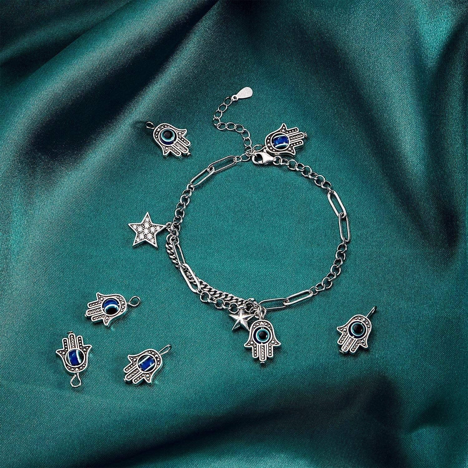 Antique Silver Hamsa Evil Eye Charms of Fatima Symbol Hand Beads Charms Pendant for Jewelry Making Findings DIY Necklace Bracelet Earring (80) 80