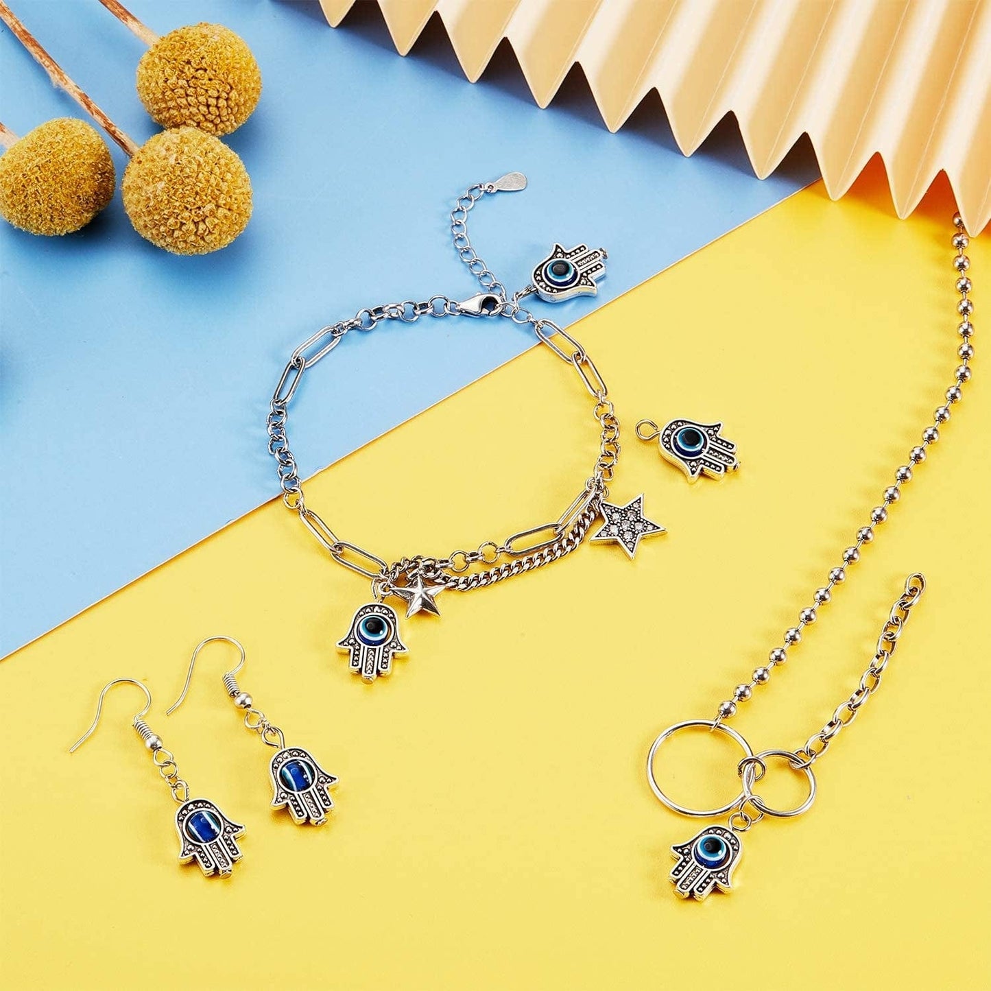 Antique Silver Hamsa Evil Eye Charms of Fatima Symbol Hand Beads Charms Pendant for Jewelry Making Findings DIY Necklace Bracelet Earring (80) 80