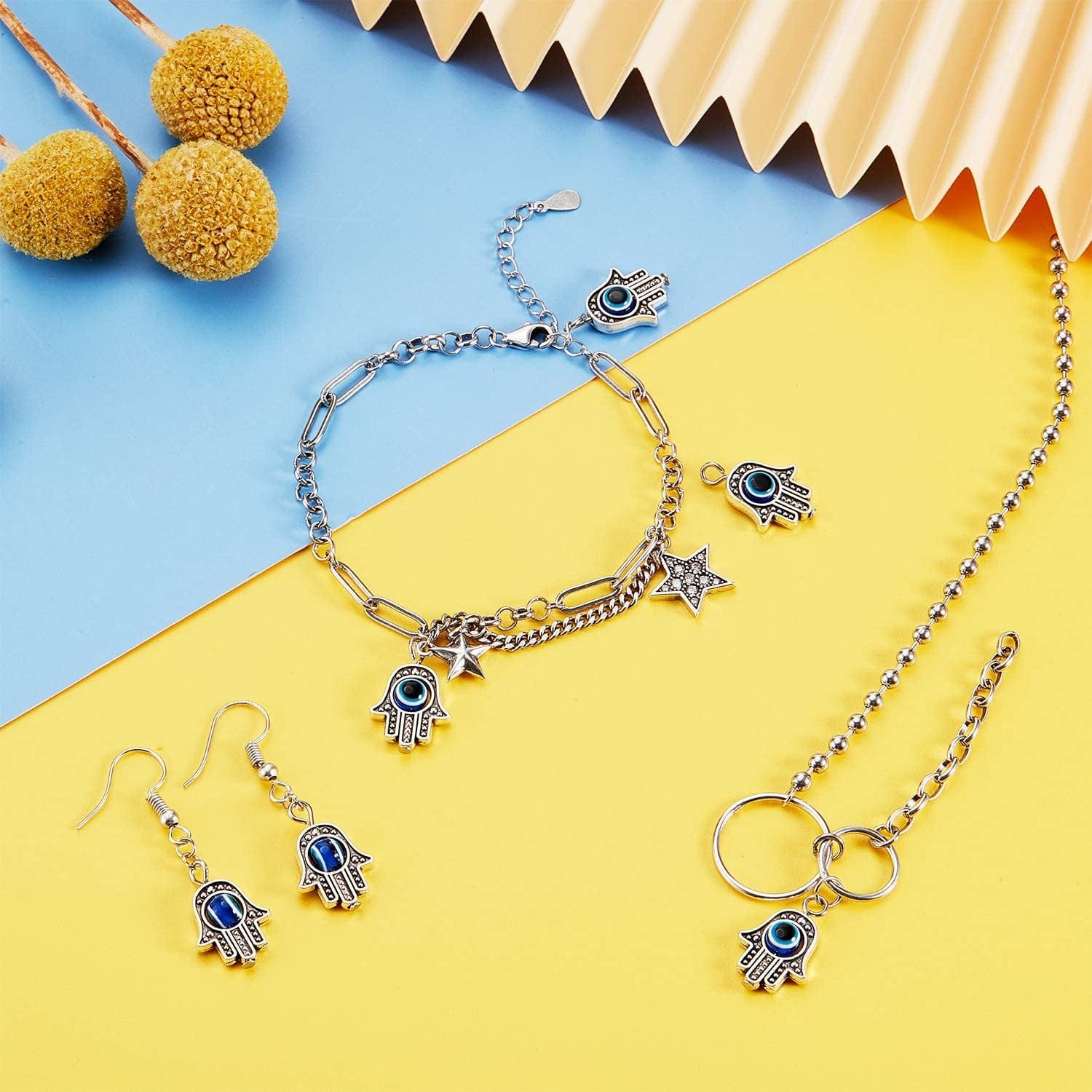 Antique Silver Hamsa Evil Eye Charms of Fatima Symbol Hand Beads Charms Pendant for Jewelry Making Findings DIY Necklace Bracelet Earring (80) 80