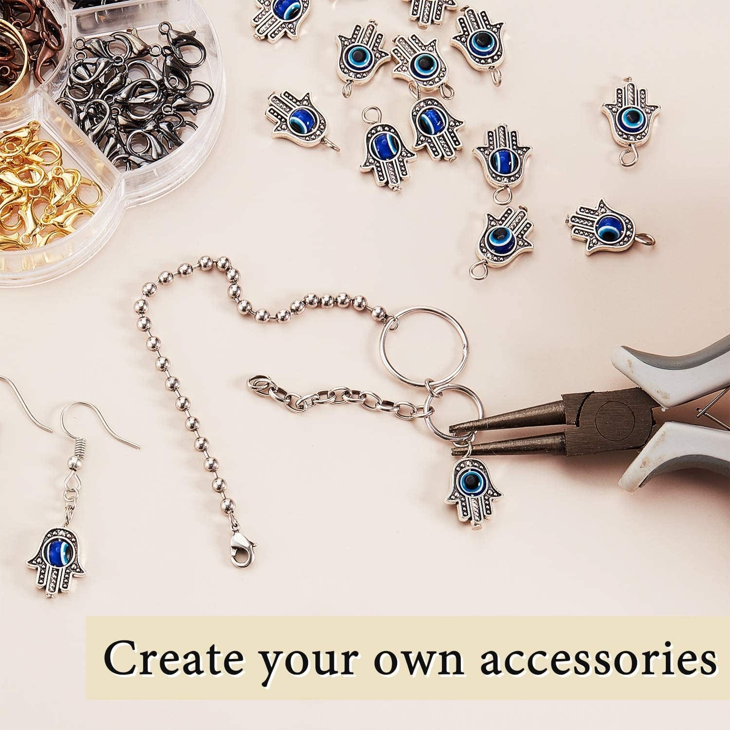 Antique Silver Hamsa Evil Eye Charms of Fatima Symbol Hand Beads Charms Pendant for Jewelry Making Findings DIY Necklace Bracelet Earring (80) 80