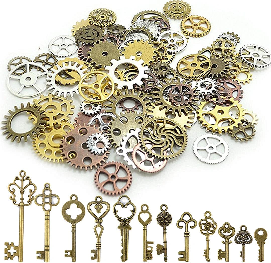Antique Steampunk Gear 215 Gram Mix Steampunk Wheel Alloy Gear Pendants Charms and Skeleton Keys for Crafting,Jewelry Making