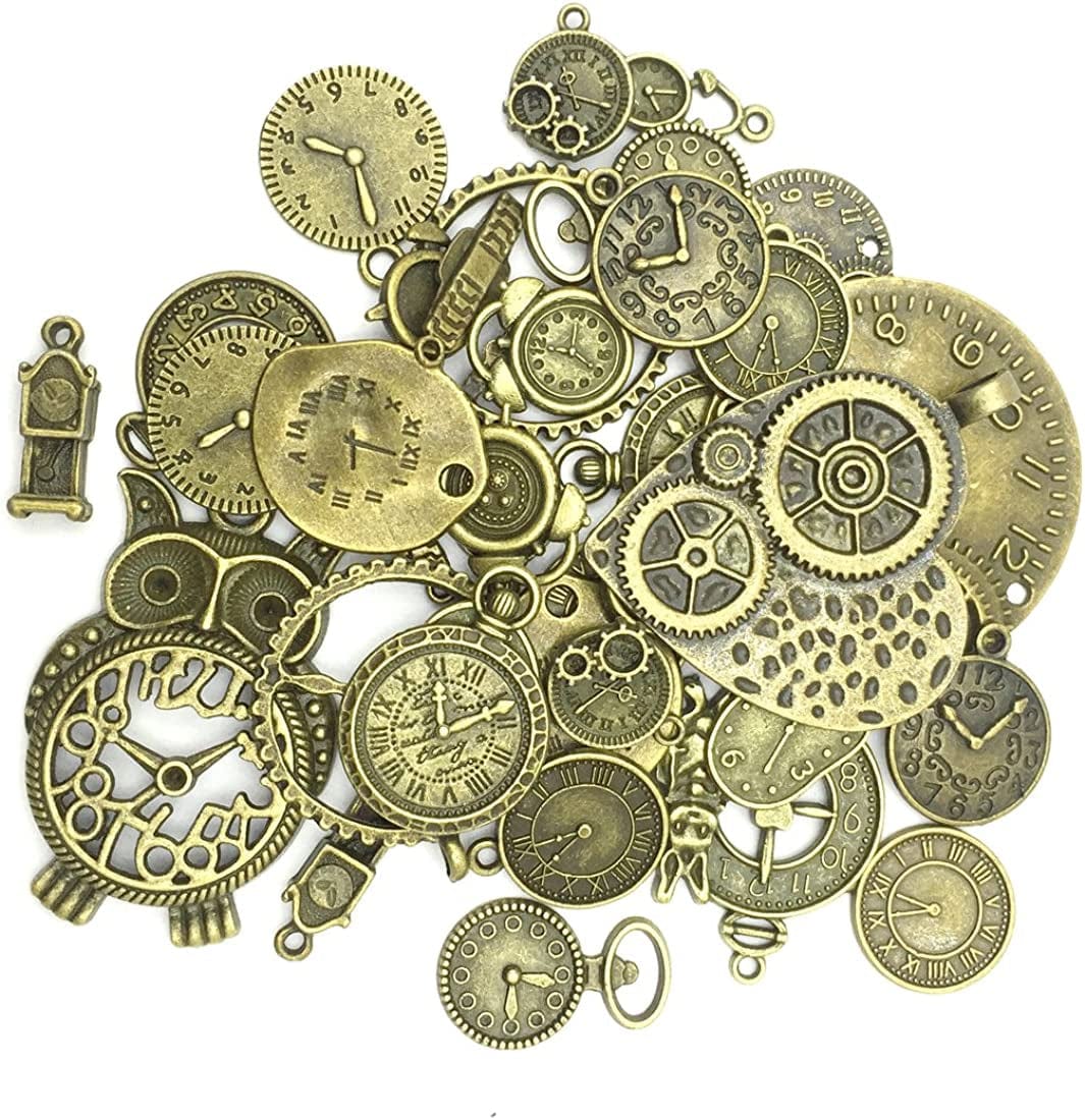 Antiqued Bronze Clock Face Charm Pendant, Wholesale Bulk Lots Mixed Gears Steampunk Charms Pendants DIY for Necklace Bracelet Jewelry Making and Crafting, 100G(38Pcs)