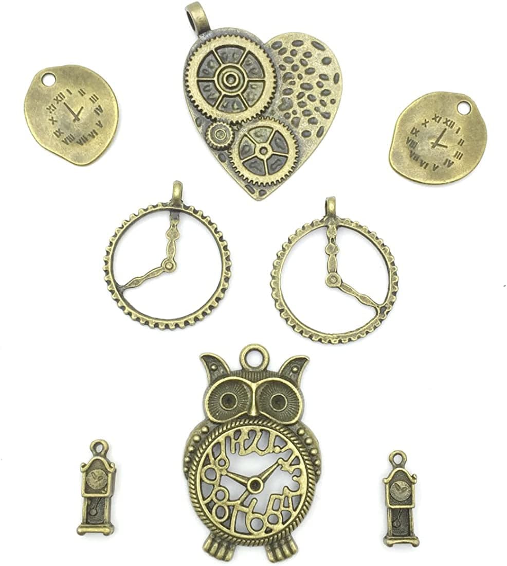 Antiqued Bronze Clock Face Charm Pendant, Wholesale Bulk Lots Mixed Gears Steampunk Charms Pendants DIY for Necklace Bracelet Jewelry Making and Crafting, 100G(38Pcs)
