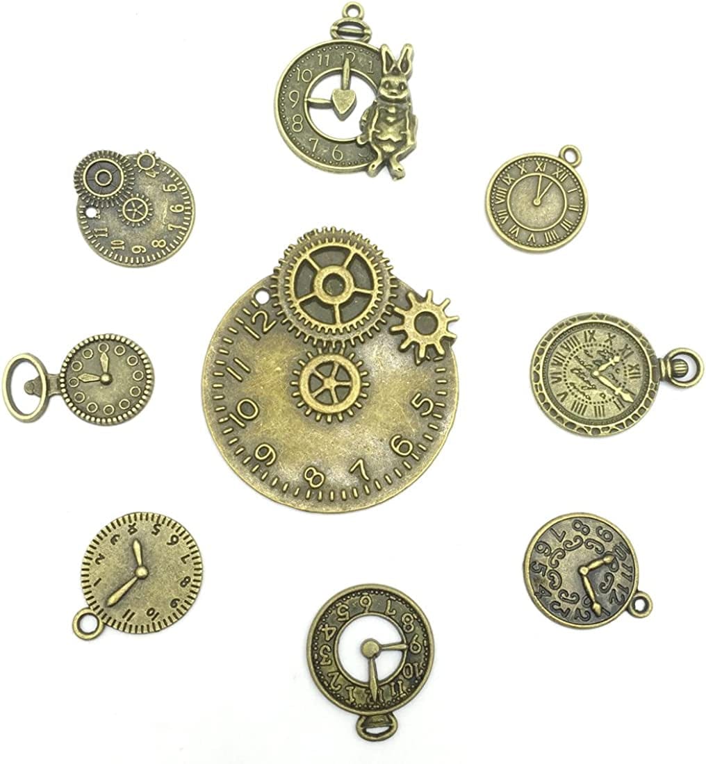 Antiqued Bronze Clock Face Charm Pendant, Wholesale Bulk Lots Mixed Gears Steampunk Charms Pendants DIY for Necklace Bracelet Jewelry Making and Crafting, 100G(38Pcs)