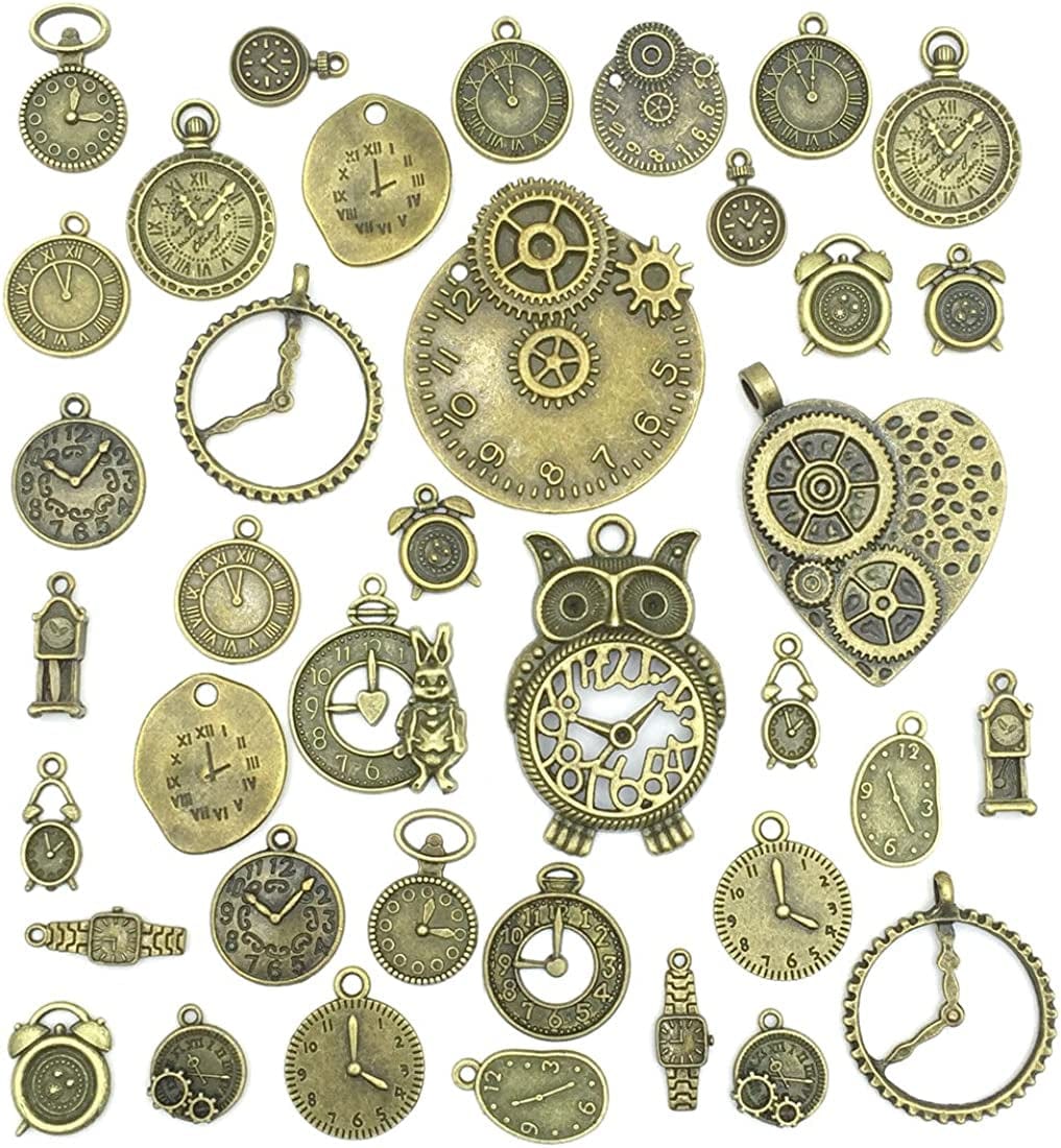 Antiqued Bronze Clock Face Charm Pendant, Wholesale Bulk Lots Mixed Gears Steampunk Charms Pendants DIY for Necklace Bracelet Jewelry Making and Crafting, 100G(38Pcs)