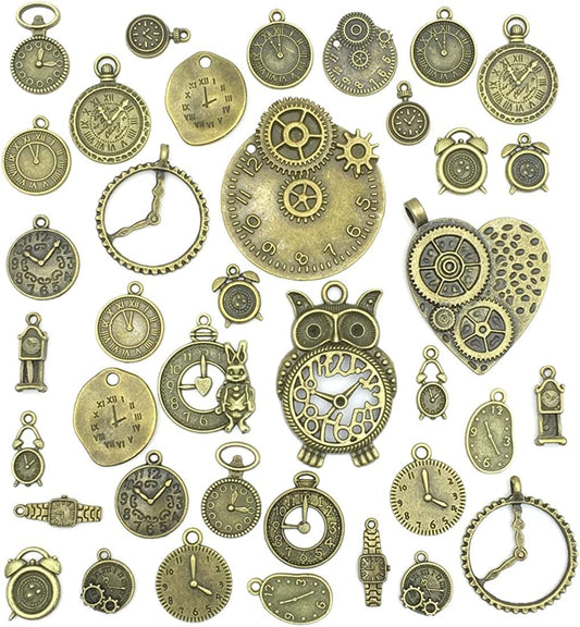 Antiqued Bronze Clock Face Charm Pendant, Wholesale Bulk Lots Mixed Gears Steampunk Charms Pendants DIY for Necklace Bracelet Jewelry Making and Crafting, 100G(38Pcs)