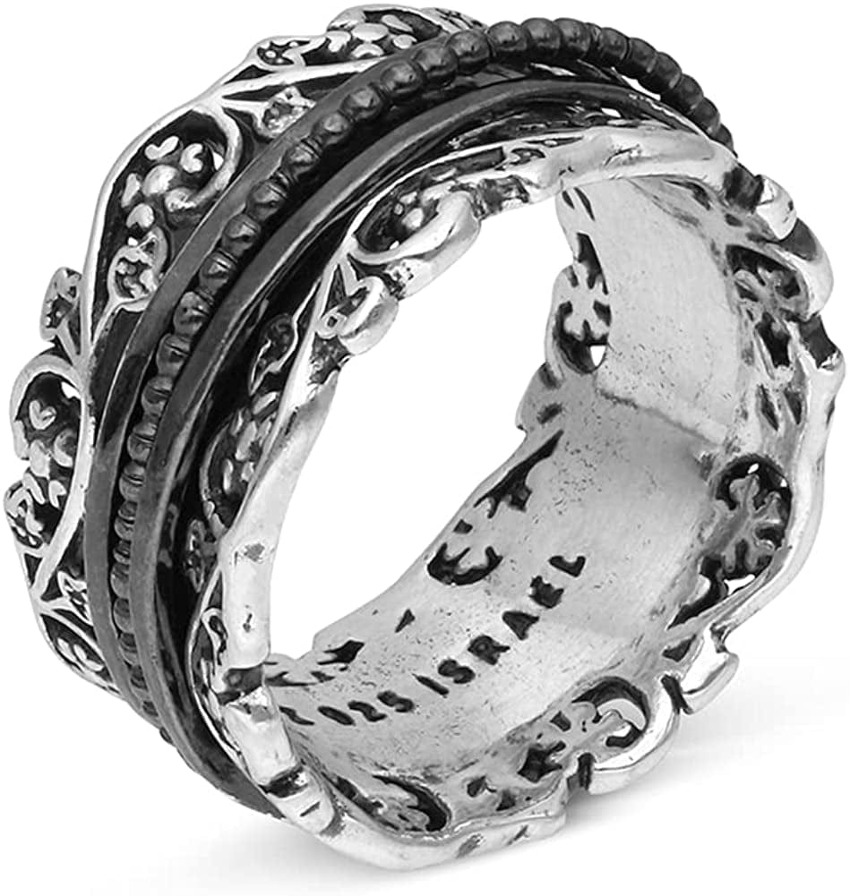 Anxiety Ring for Women, 925 Sterling Silver Spinner Ring for Woman by Paz Creations, Fidget Rings Hand Crafted, Vintage Rings for Women with 2 Years Warranty, Made in Israel Black ruthenium / 8