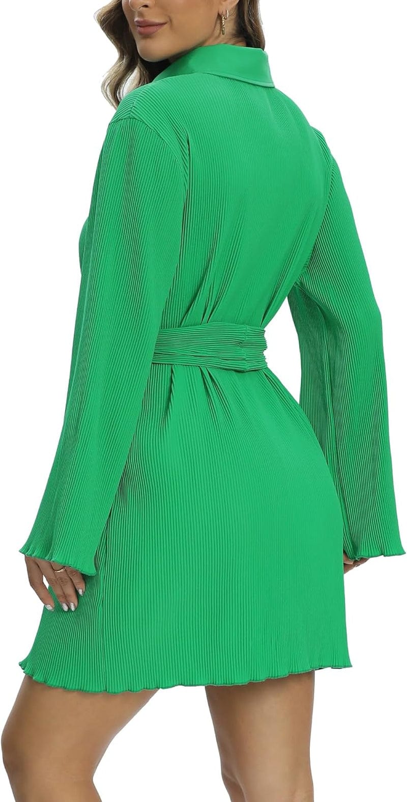 Anytree Womens Pleated Dress Long Sleeve Button down Casual Mini Shirt Dresses with Belt and Pockets Vintage Streetwear AD1
