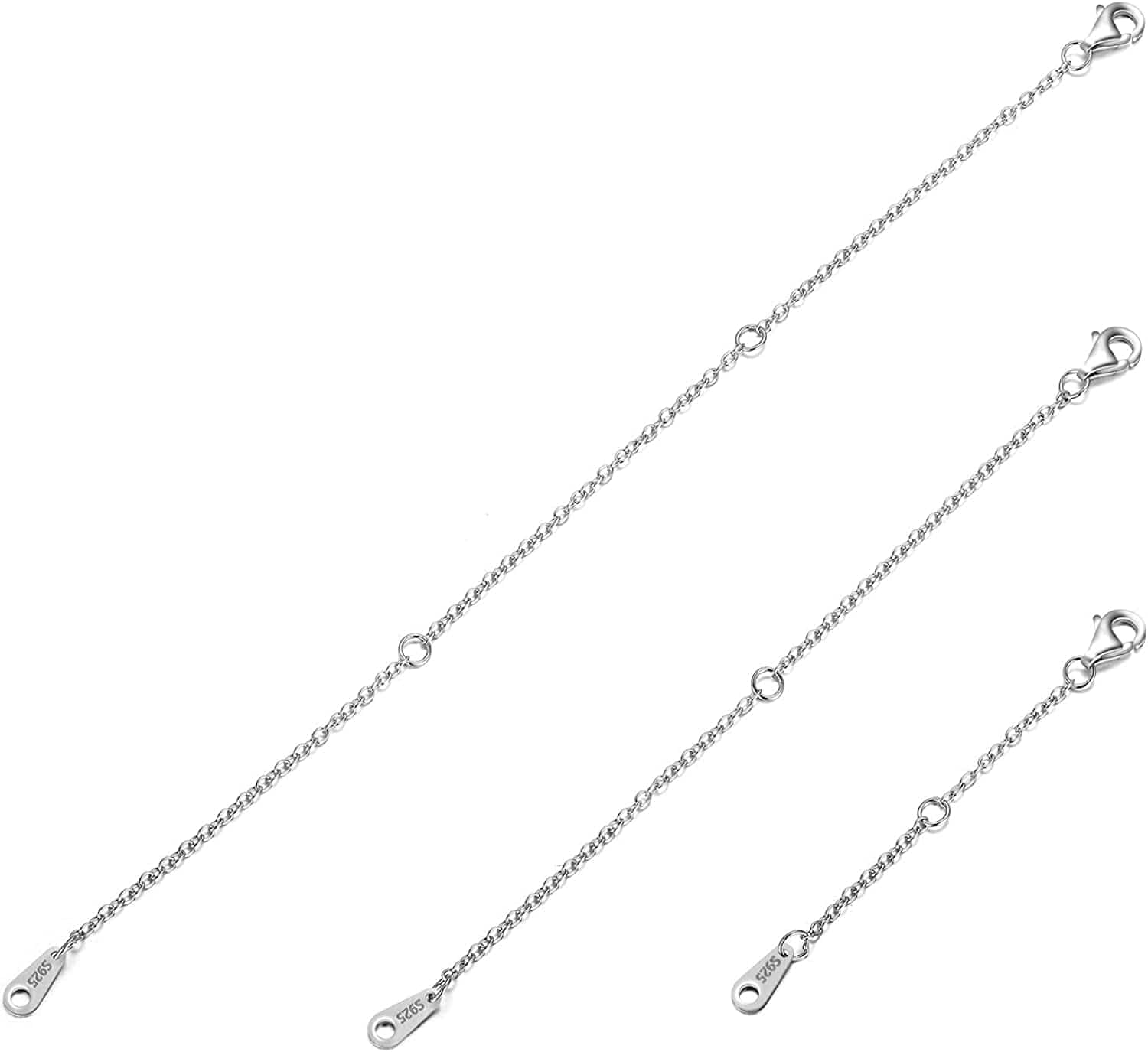 AOBOCO 925 Sterling Silver Chain Extenders for Necklace Bracelet with Gift Box Apparel & Accessories > Jewelry > Anklets AOBOCO Set 2'',4''&6'' silver lobster claw clasps 1.5mm