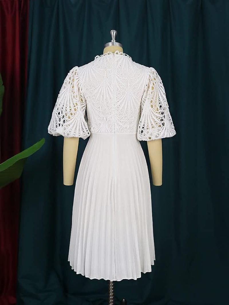 AOMEI Women'S White Hollow Out Lace Patchwork Pleated A-Line Dress with Belt …