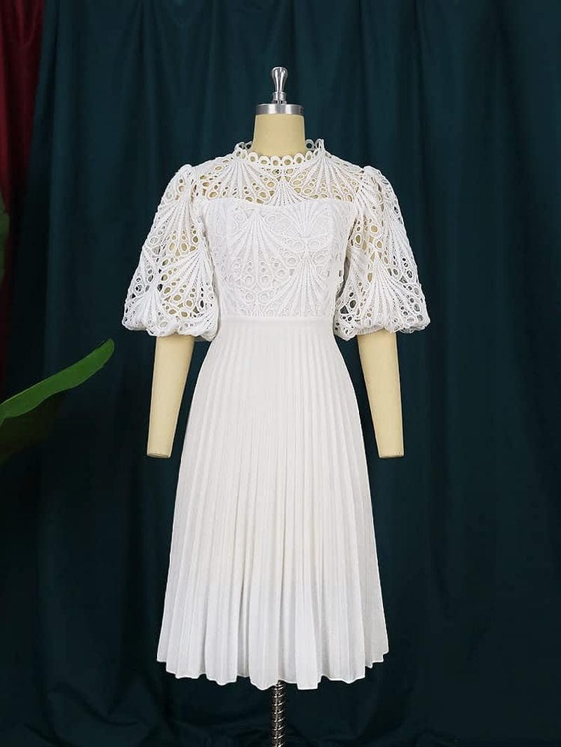 AOMEI Women'S White Hollow Out Lace Patchwork Pleated A-Line Dress with Belt …