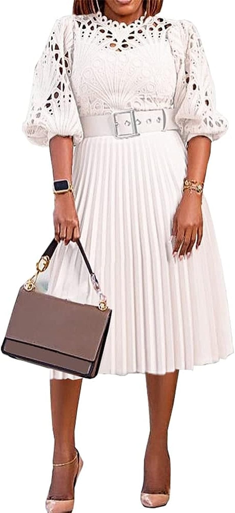 AOMEI Women'S White Hollow Out Lace Patchwork Pleated A-Line Dress with Belt …