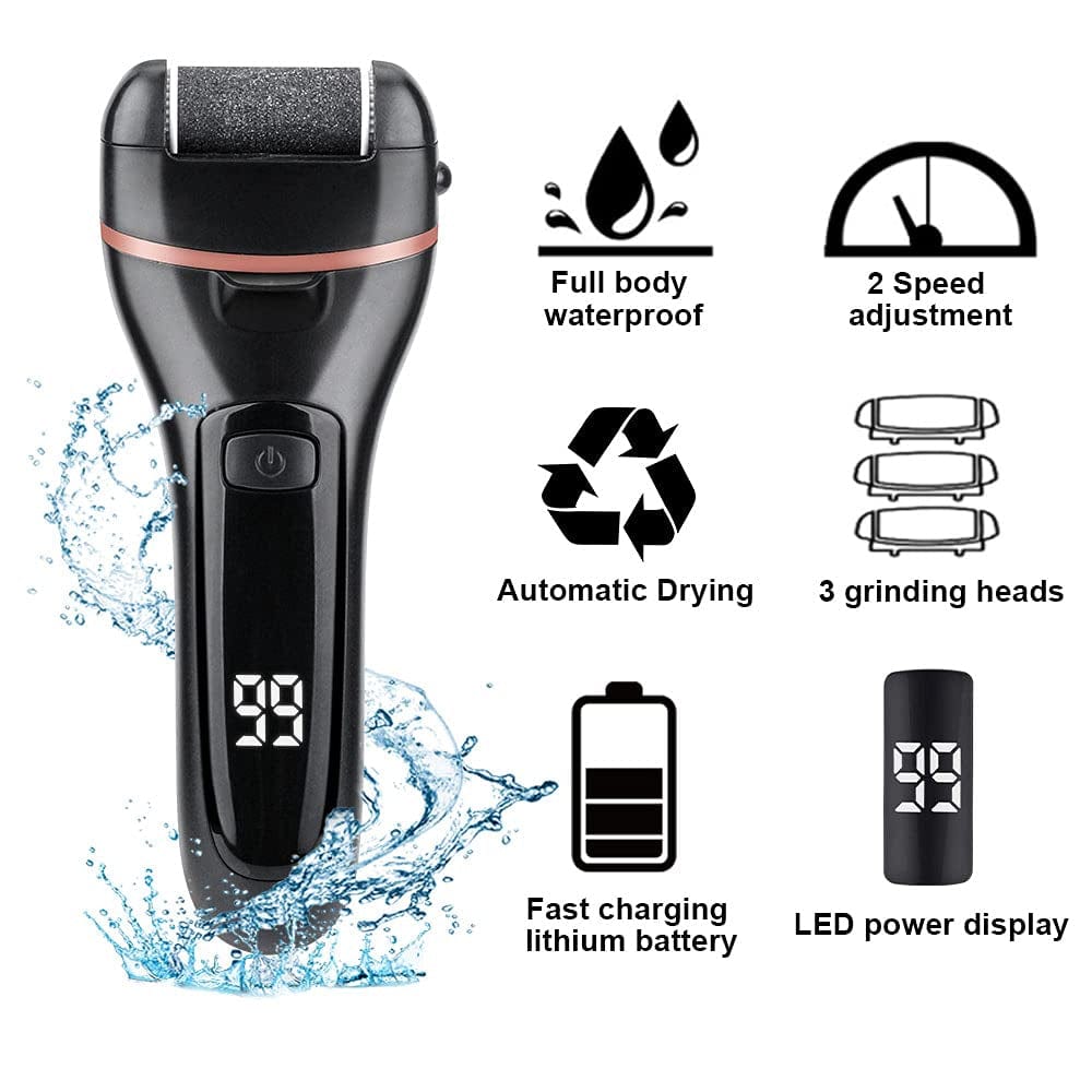 Aottom Foot Callus Remover - Electric Pedicure Tools Foot Care Feet File with 3 Roller Heads 2 Speed Battery Display for Remove Cracked Heels Calluses Dead Skin - Black Health & Beauty > Personal Care > Foot Care Aottom