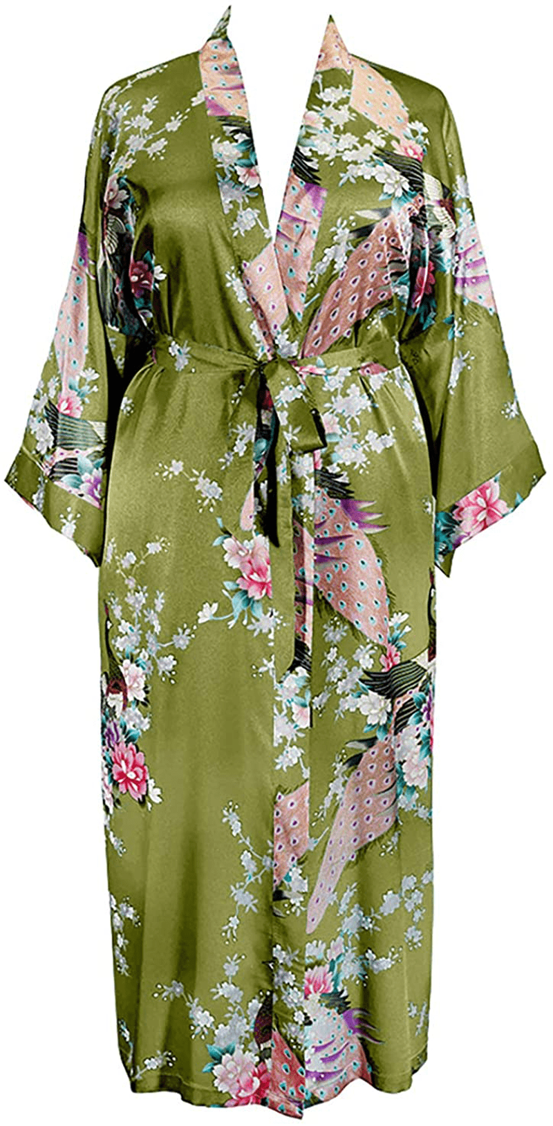 Applesauce - 838 - plus Size Women'S Satin Kimono Long Robe - Floral (One-Size Fits Most US 1X 2X 3X) Apparel & Accessories > Clothing > Sleepwear & Loungewear > Robes Applesauce Peridot Green