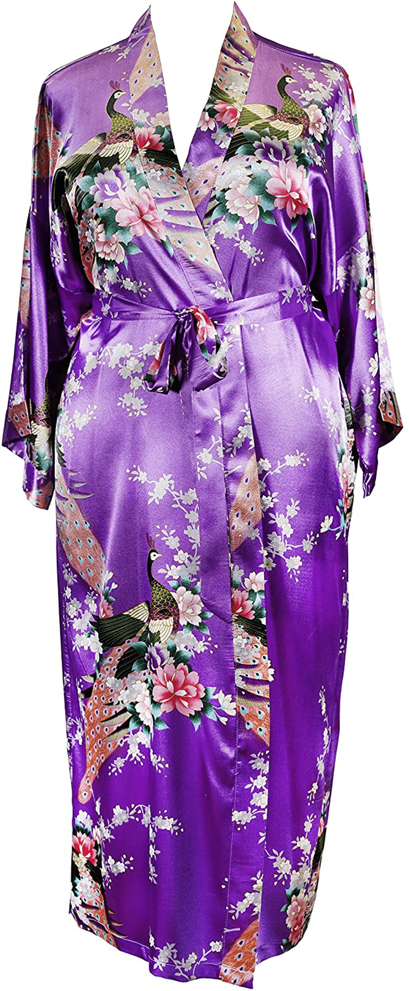 Applesauce - 838 - plus Size Women'S Satin Kimono Long Robe - Floral (One-Size Fits Most US 1X 2X 3X) Apparel & Accessories > Clothing > Sleepwear & Loungewear > Robes Applesauce Petunia Purple