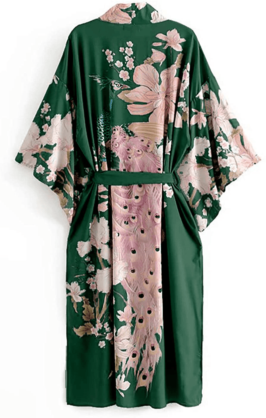 Applesauce - 838B - plus Size Women'S Kimono Long Robe - Boho Floral (One-Size Fits Most US 1X 2X 3X) Apparel & Accessories > Clothing > Sleepwear & Loungewear > Robes Applesauce Peacock - Forest Green