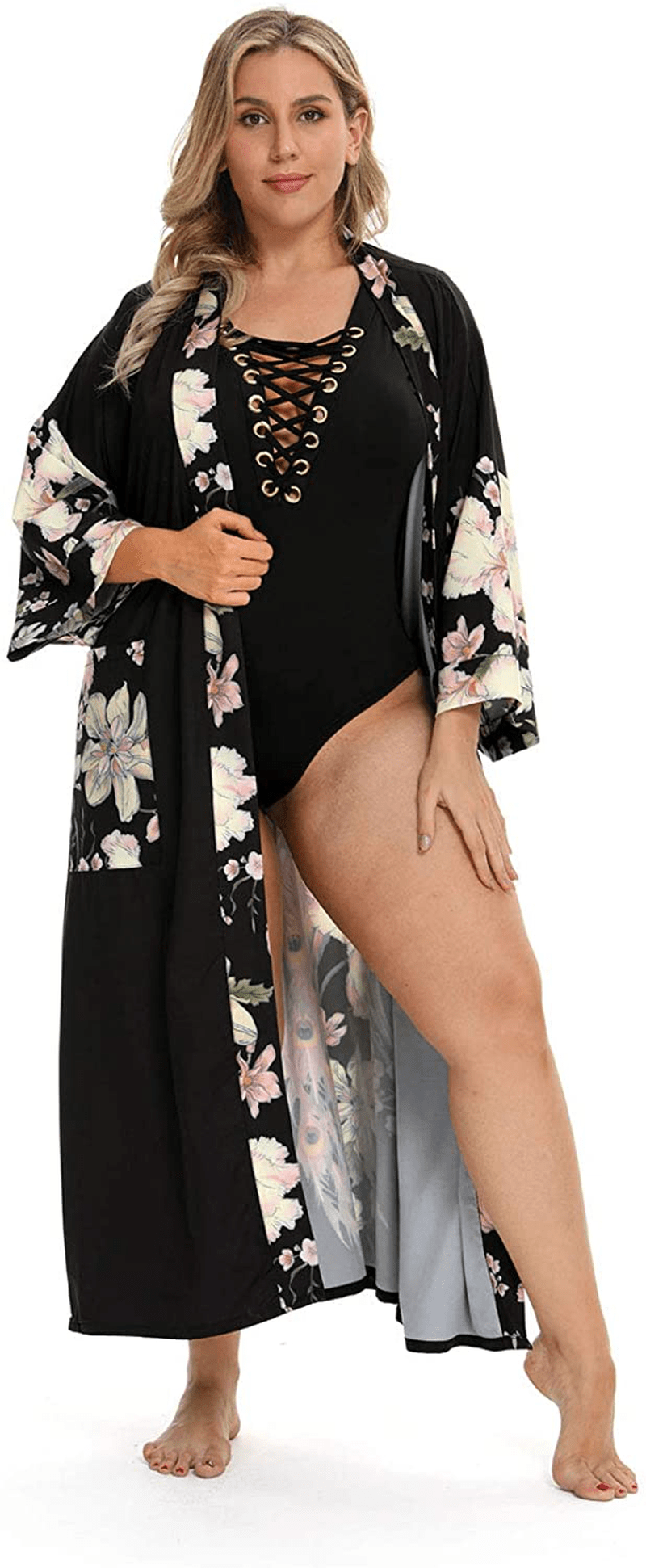 Applesauce - 838B - plus Size Women'S Kimono Long Robe - Boho Floral (One-Size Fits Most US 1X 2X 3X) Apparel & Accessories > Clothing > Sleepwear & Loungewear > Robes Applesauce