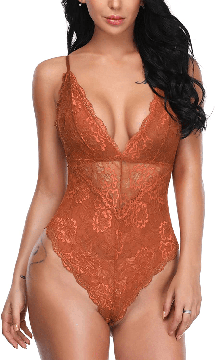 Aranmei Women Deep V Sexy Lace Bodysuit Snap Crotch Lingerie Teddy Underwear Apparel & Accessories > Clothing > Underwear & Socks > Lingerie Aranmei Brown XX-Large