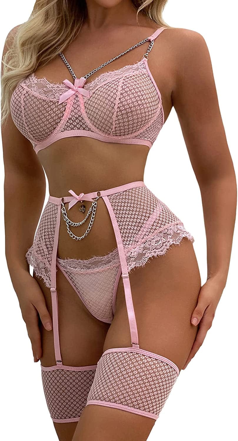 Aranmei Women’S Sexy Eyelash Fishnet Lingerie Set Chain Babydoll Underwire Bra and Panty Sets with Garter Belt 4 Pieces Light Pink / Medium
