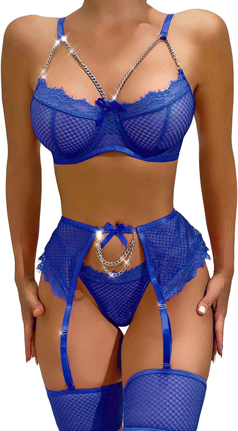 Aranmei Women’S Sexy Eyelash Fishnet Lingerie Set Chain Babydoll Underwire Bra and Panty Sets with Garter Belt 4 Pieces Royal Blue / XX-Large
