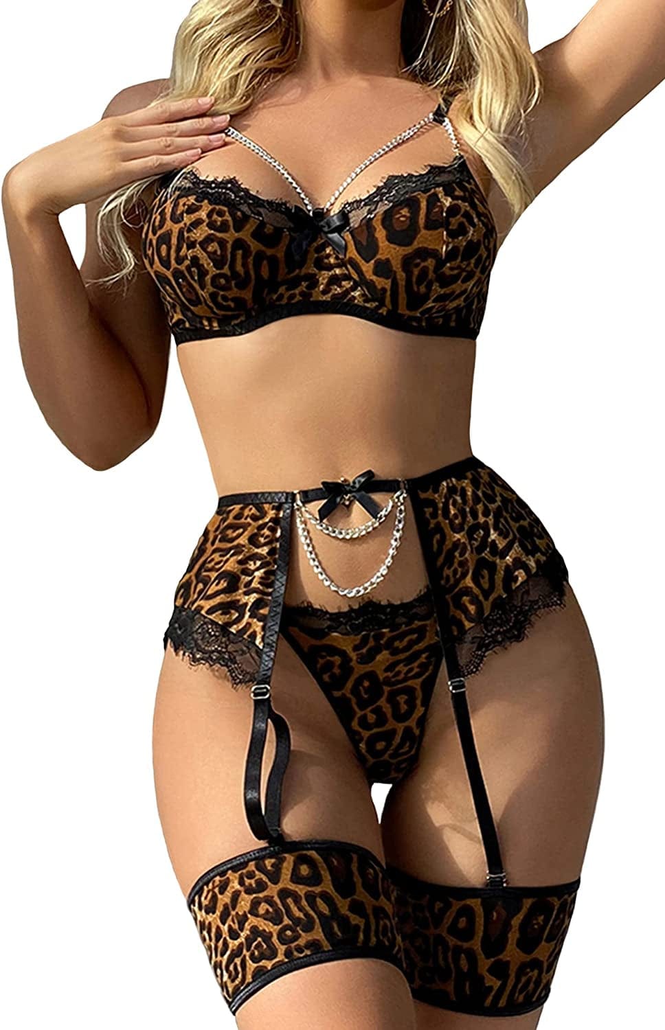 Aranmei Women’S Sexy Eyelash Fishnet Lingerie Set Chain Babydoll Underwire Bra and Panty Sets with Garter Belt 4 Pieces Leopard Print / Small