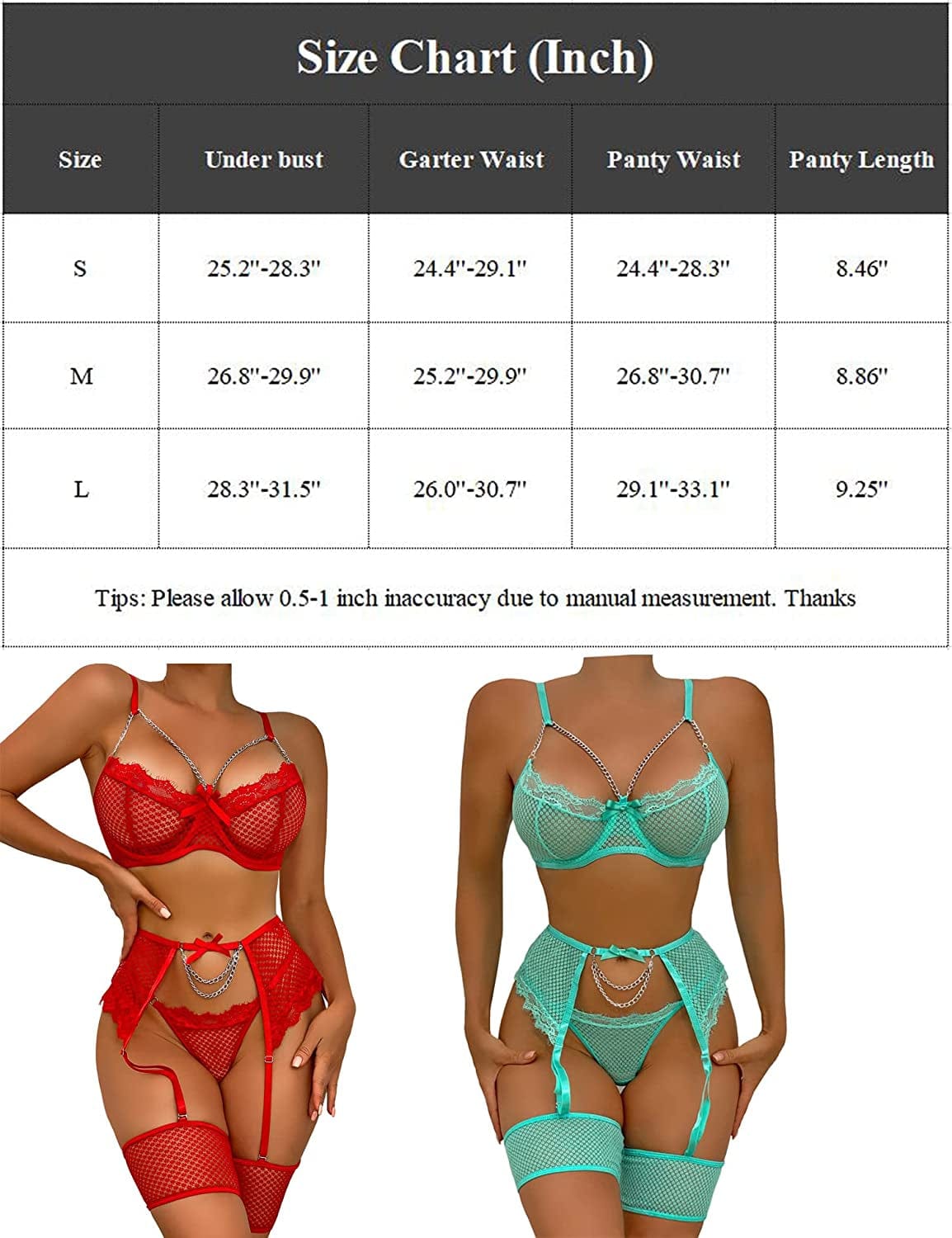 Aranmei Women’S Sexy Eyelash Fishnet Lingerie Set Chain Babydoll Underwire Bra and Panty Sets with Garter Belt 4 Pieces