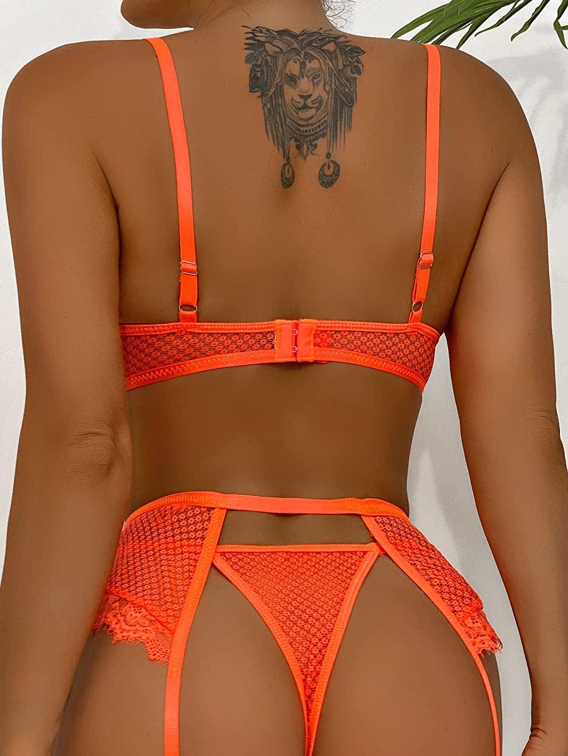 Aranmei Women’S Sexy Eyelash Fishnet Lingerie Set Chain Babydoll Underwire Bra and Panty Sets with Garter Belt 4 Pieces