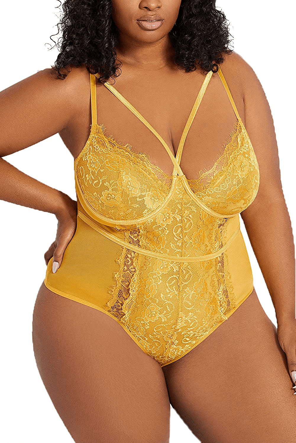 Aranmei Women's Sexy Eyelash Lace bodysuit Snap Crotch Teddy Lingerie Apparel & Accessories > Clothing > Underwear & Socks > Lingerie Aranmei Mustard 3X-Large