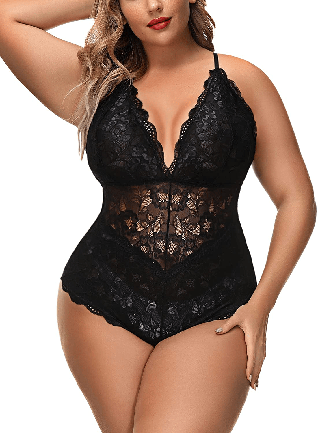 Aranmei Women Sexy Plus Size Hollow Out Floral Lace Bodysuit Deep V Snap Crotch Teddy Lingerie Apparel & Accessories > Clothing > Underwear & Socks > Lingerie Aranmei Black 4X-Large