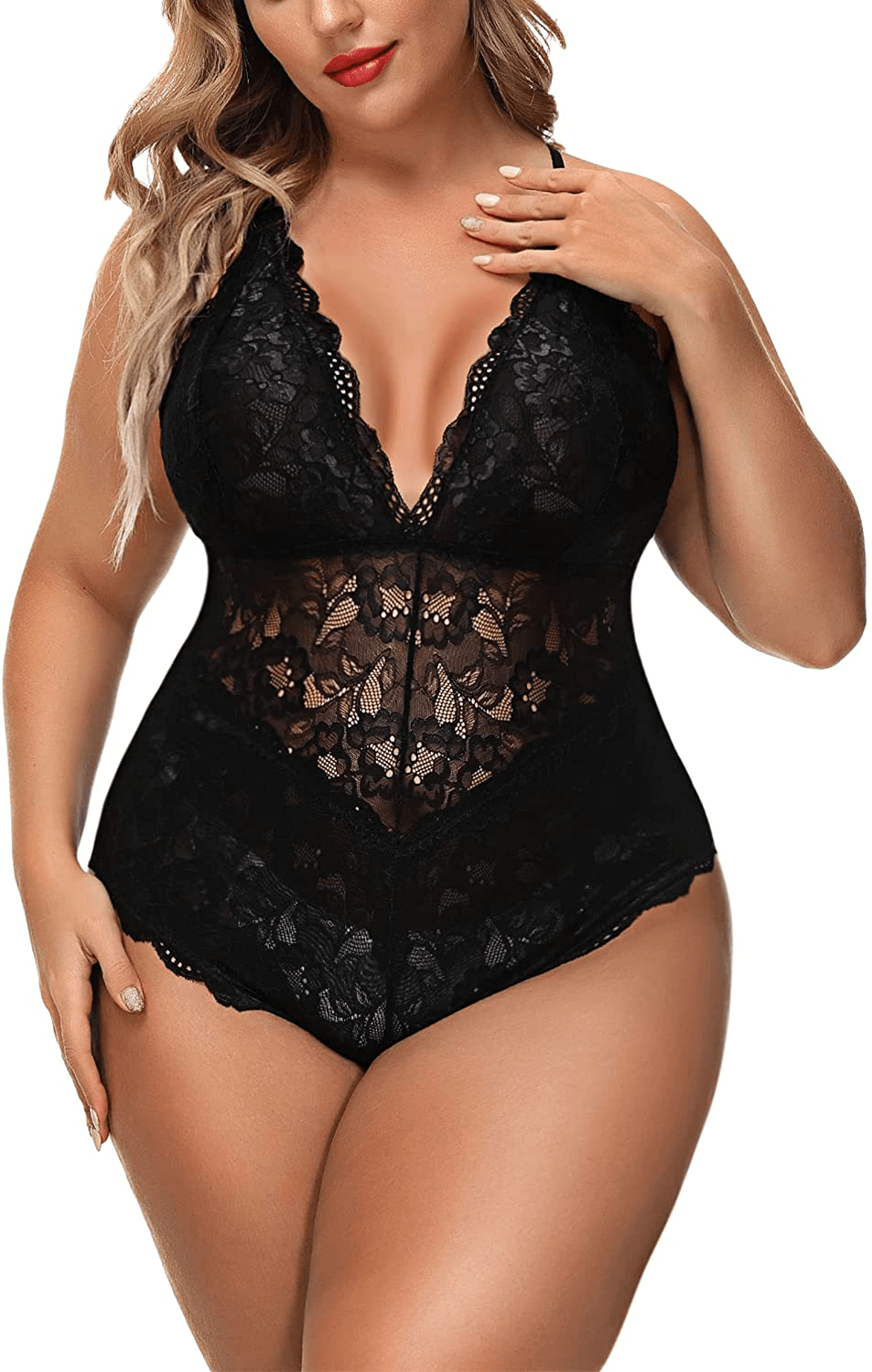 Aranmei Women Sexy Plus Size Hollow Out Floral Lace Bodysuit Deep V Snap Crotch Teddy Lingerie Apparel & Accessories > Clothing > Underwear & Socks > Lingerie Aranmei