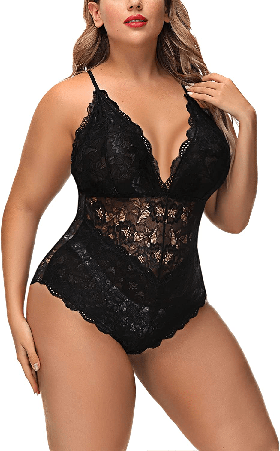 Aranmei Women Sexy Plus Size Hollow Out Floral Lace Bodysuit Deep V Snap Crotch Teddy Lingerie Apparel & Accessories > Clothing > Underwear & Socks > Lingerie Aranmei